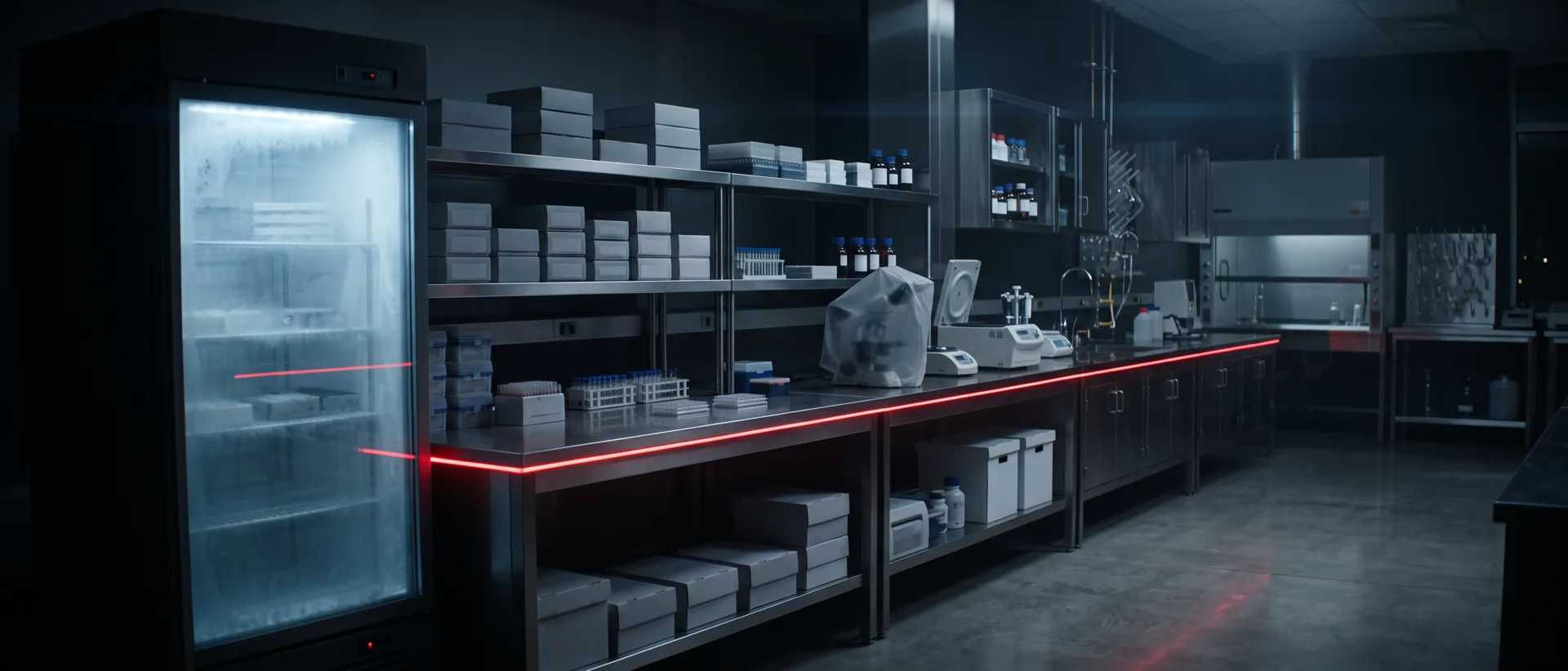 A laboratory storeroom with a refrigerated cabinet and shelves of boxed supplies